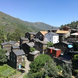 High angle view of houses and trees against clear sky