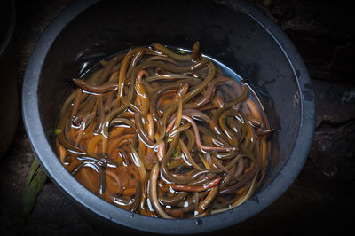 High angle view of noodles in bowl