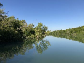 Scenic view of lake against clear blue sky