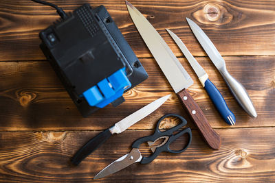 High angle view of tools on table