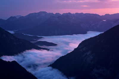 Scenic view of snowcapped mountains against sky at sunset