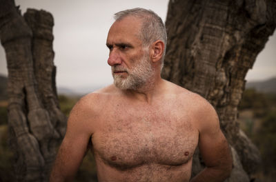 Portrait of shirtless adult man standing on bare olive tree against sky