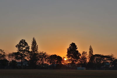 Silhouette trees on field against sky at sunset