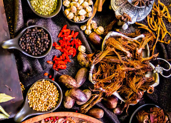 High angle view of spices in container