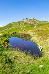 Scenic view of landscape against clear blue sky