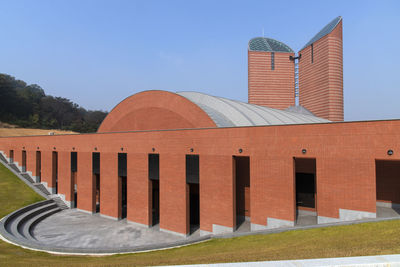 Low angle view of building against clear blue sky