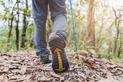 Low section of man walking on field