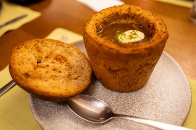 Close-up of food in plate on table