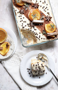 High angle view of dessert in plate on table