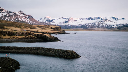 Scenic view of snowcapped mountains and lake against clear sky