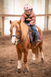 Rear view of man riding horse