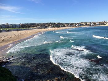 Scenic view of beach against clear blue sky