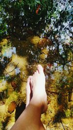 Low section of person legs by tree during autumn