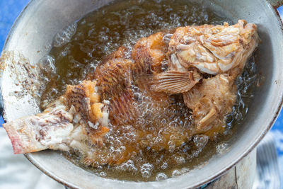 High angle view of meat in cooking pan