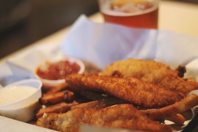 Close-up of food served on table