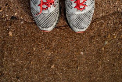 Directly above shot of sports shoes on field