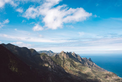 Scenic view of sea and mountains against sky