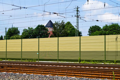 Railroad tracks and electricity pylon against sky