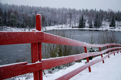 Red wooden fence trailing a frozen lakeshore in the snow covered woods