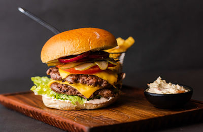 Close-up of burger on table