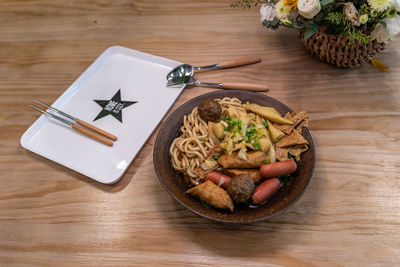 High angle view of food in plate on table