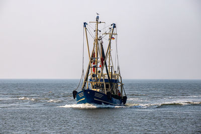 Sailboat sailing on sea against clear sky