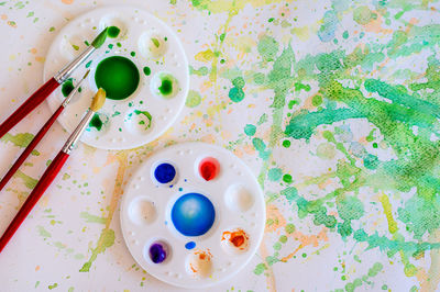 High angle view of various eggs on table