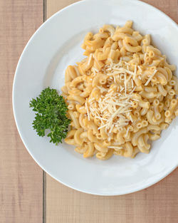 High angle view of pasta in plate on table