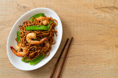 High angle view of food in plate on table