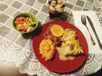 High angle view of breakfast served on table