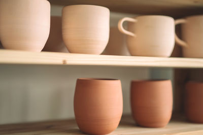 Handmade clay pottery on the display