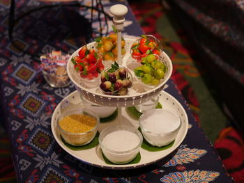 High angle view of fruits served on table
