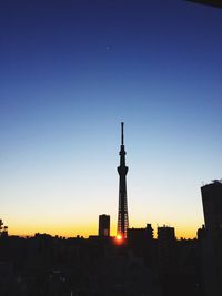 Silhouette of city at sunset