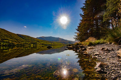 Scenic view of lake by trees against sky