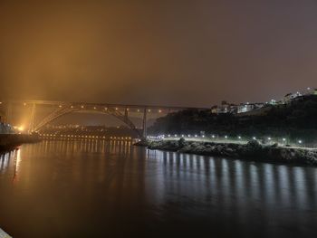 Illuminated bridge over river against sky at night