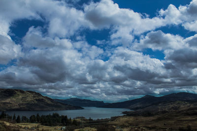 Scenic view of lake and mountains against sky