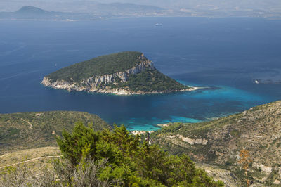 High angle view of bay against sky