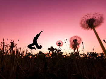 Silhouette people on field against sky at sunset