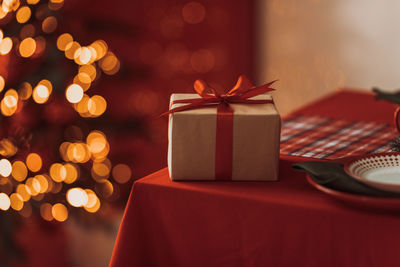 Close-up of christmas box on table