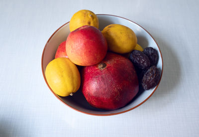 High angle view of fruits in bowl on table