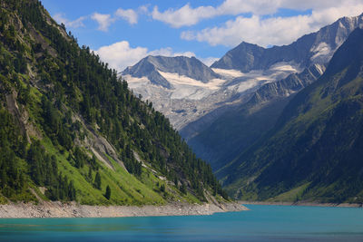 Scenic view of lake and mountains against sky