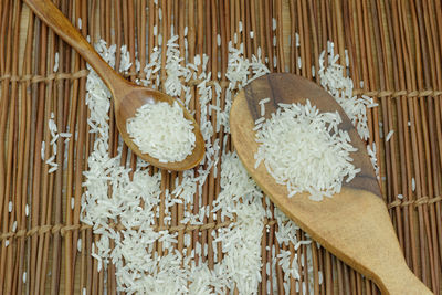 High angle view of bread on wooden table