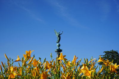 Low angle view of flowering plants against clear blue sky