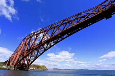 Low angle view of bridge against blue sky