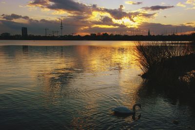 Scenic view of lake at sunset