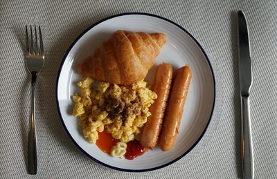 High angle view of breakfast served on table