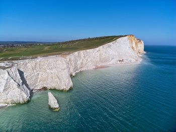 Scenic view of sea against clear blue sky