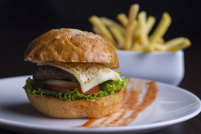 Close-up of burger on plate