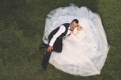 High angle view of woman with umbrella