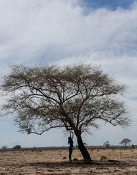 Silhouette woman standing by tree on field against cloudy sky